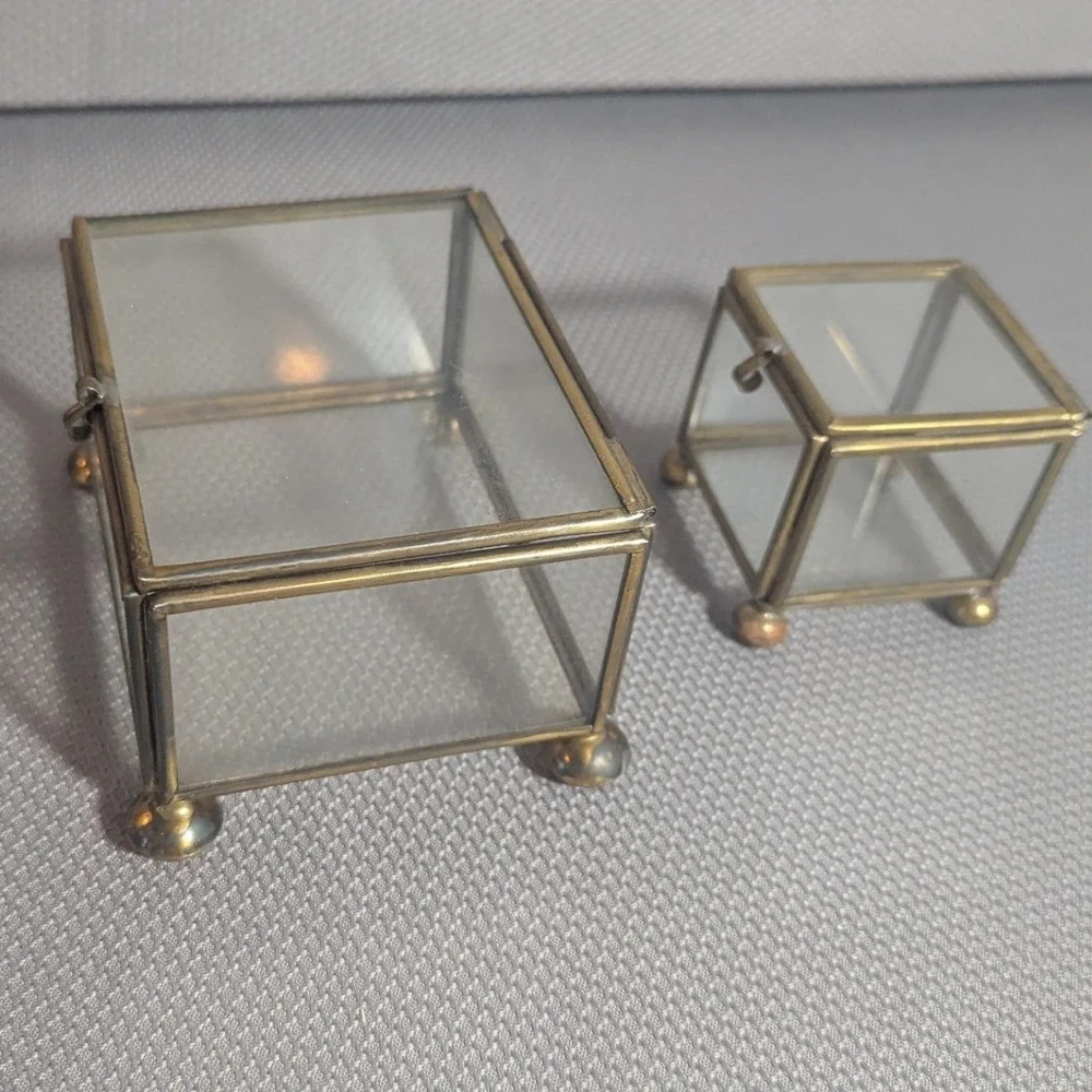 Vintage Brass and Clear Glass Jewelry Trinket Casket Box Set of 2 Footed